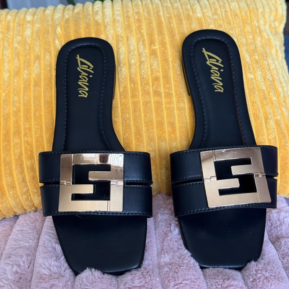 Black and Gold Sandals with Greek Key Design